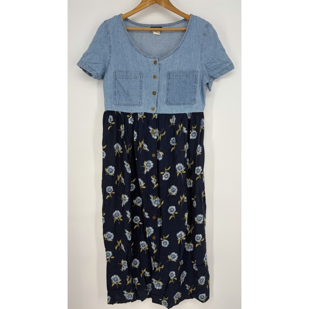 Vtg 90s Denim Bodice Floral Midi Dress M Fairy Grunge Cottage Romantic Prairie